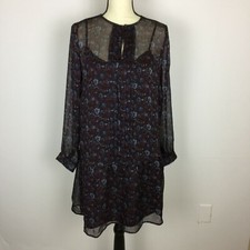Loft Shift Dress Sz MP Womans Petite Purple Floral Print Layer Sheer Long Sleeve