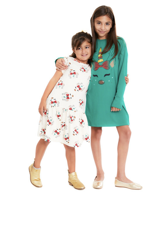 NEW - Girl's 2 pack Christmas Dress size M (7-8) Ivory/green Unicorn/  reindeer | eBay