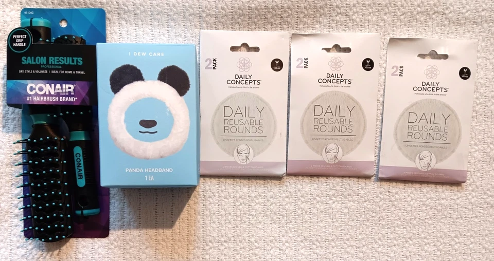 Conair Brush Set Panda Makeup Headband Daily Concepts Reusable Cotton Rounds Lot - Image 2 of 4