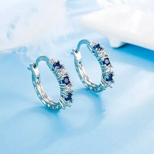 925 Sterling Silver Blue Crystal Hoop Earrings for Women & Girls Gift