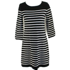 Talbots Knit Dress Womens Sz S Black White Stripe 3/4 Sleeve Cotton