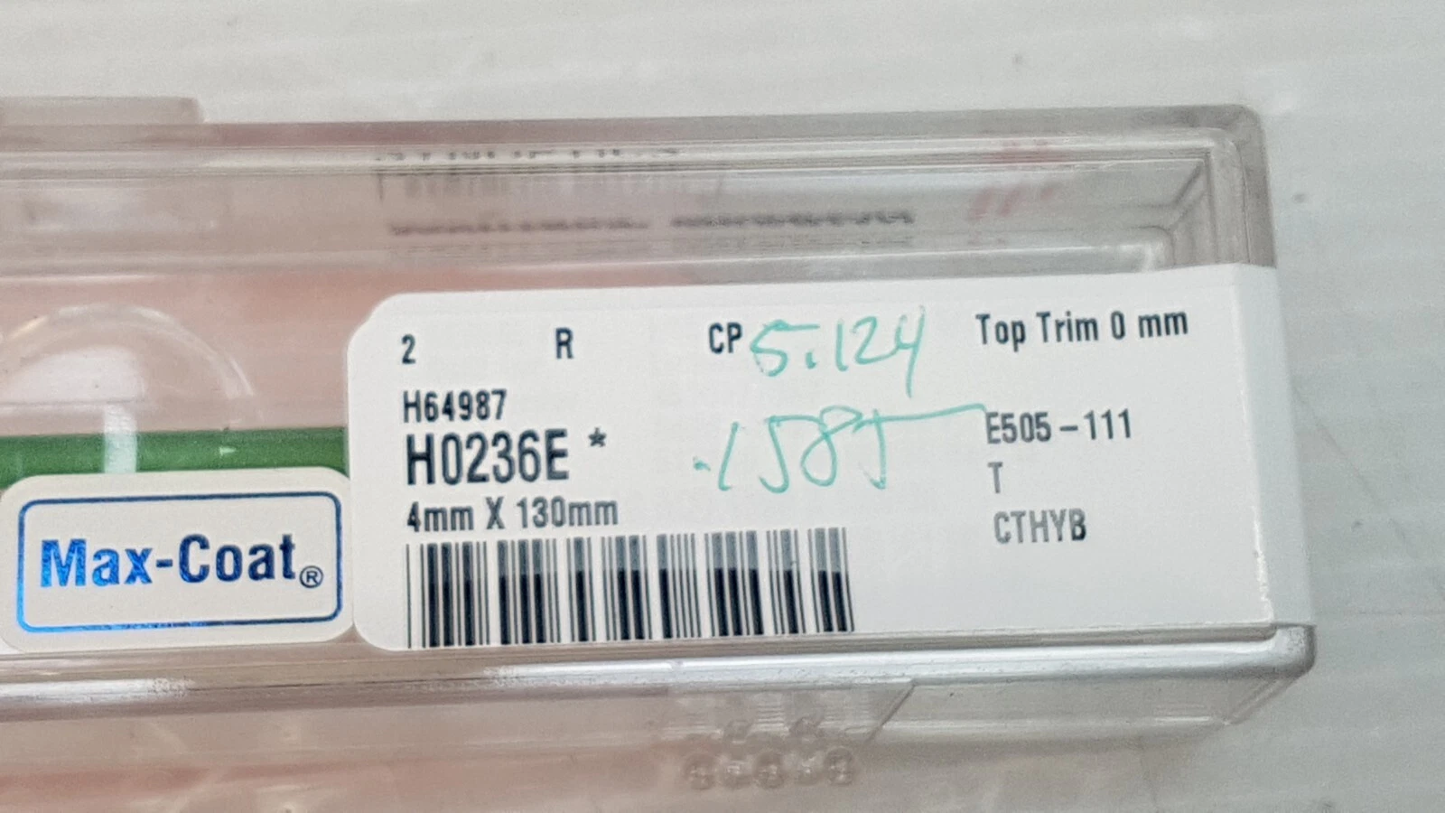 Close-up of the Max-Coat H0236E label: 4 mm x 130 mm, Top Trim 0 mm