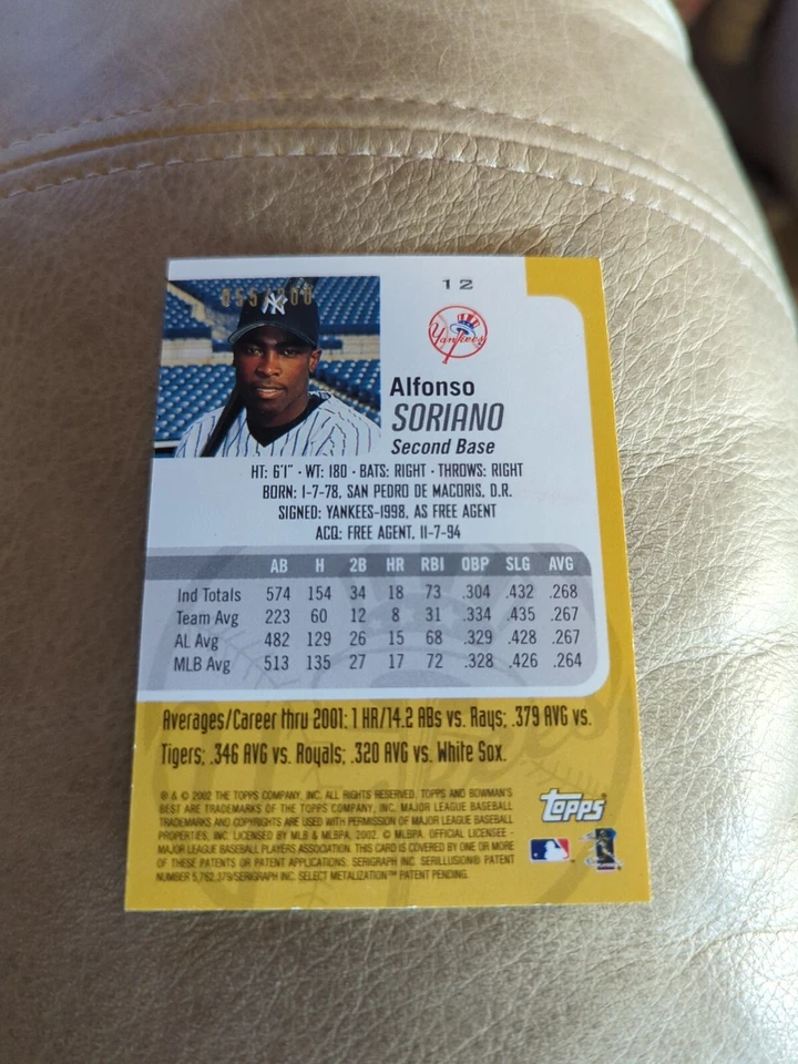 2002 Bowman's Best Red #12 Alfonso Soriano New York Yankees #'d/200 - Image 2 of 3