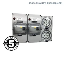 2 x 32 Amp 5 Pin Outlet Socket Three 3 Phase IP66 RCD Protected Power Point