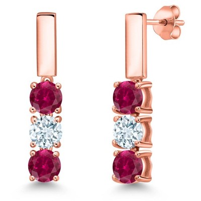 1.70 Ct Created Ruby Aquamarine 18K Rose Gold Plated Silver Earrings