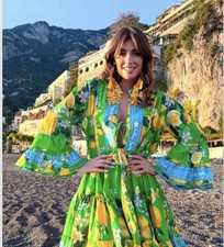 Antica Sartoria 2026 Green Blue Lemon 🍋 Tie Front Dress NWT O/S