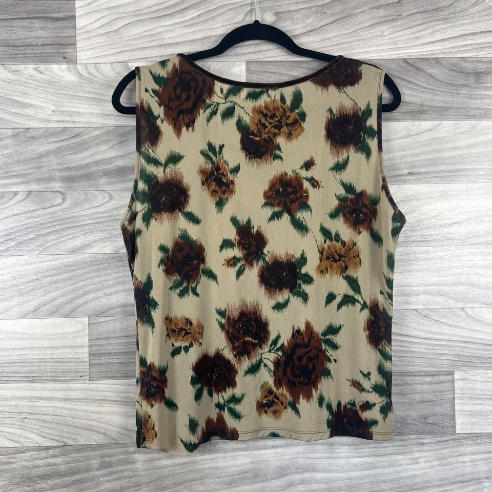 Camiseta sin mangas vintage Dana Buchman para mujer XL marrón floral nailon sin mangas cuello redondo Foto 2 de 4