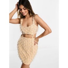ASOS Design Mini Dress Drip Jewel Embellished Cutout Drop Waist Twill Beige Sz 8