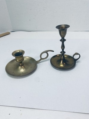 2 Brass Chamberstick Taper Candle Holders w Finger Loop VTG India Screw Base