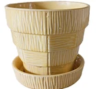 VINTAGE MCCOY POTTERY  5  INCH BASKETWEAVE FLOWER POT WITH ATTATCHED SAUCER