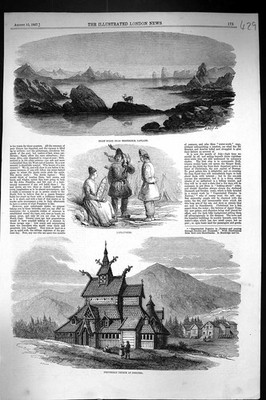 Alte 1857 Norwegische Kirche Borgund Lapplanders Küstenszene Trondhjem La Victorian