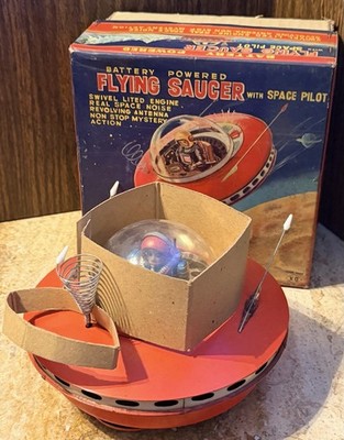 1960 Yoshiya Japan Tin Battery Operated Blue Pilot Flying Saucer W/ Original Box
