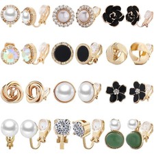 12 Pairs Clip On Earrings for Women Cute Earring Crystal Pearl Stud Charming ...