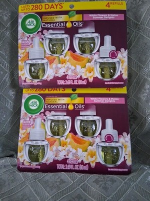 New-2 Pks Of 4=8 Air Wick Refills Infused W/Essential Oils-White Flower & Melon 