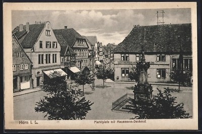 Postcard Horn i. L., marketplace with Hausmann monument, Guest House Teutoburger Hof 