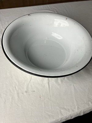 Enamelware Wash Basin Vintage white With Blue Stripe Rim
