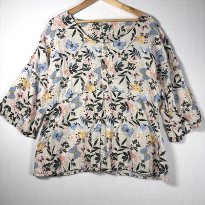 LAURA BIANCHI Floral Butterfly Linen Tunic Top Flare Sleeves Made in Italy sz L