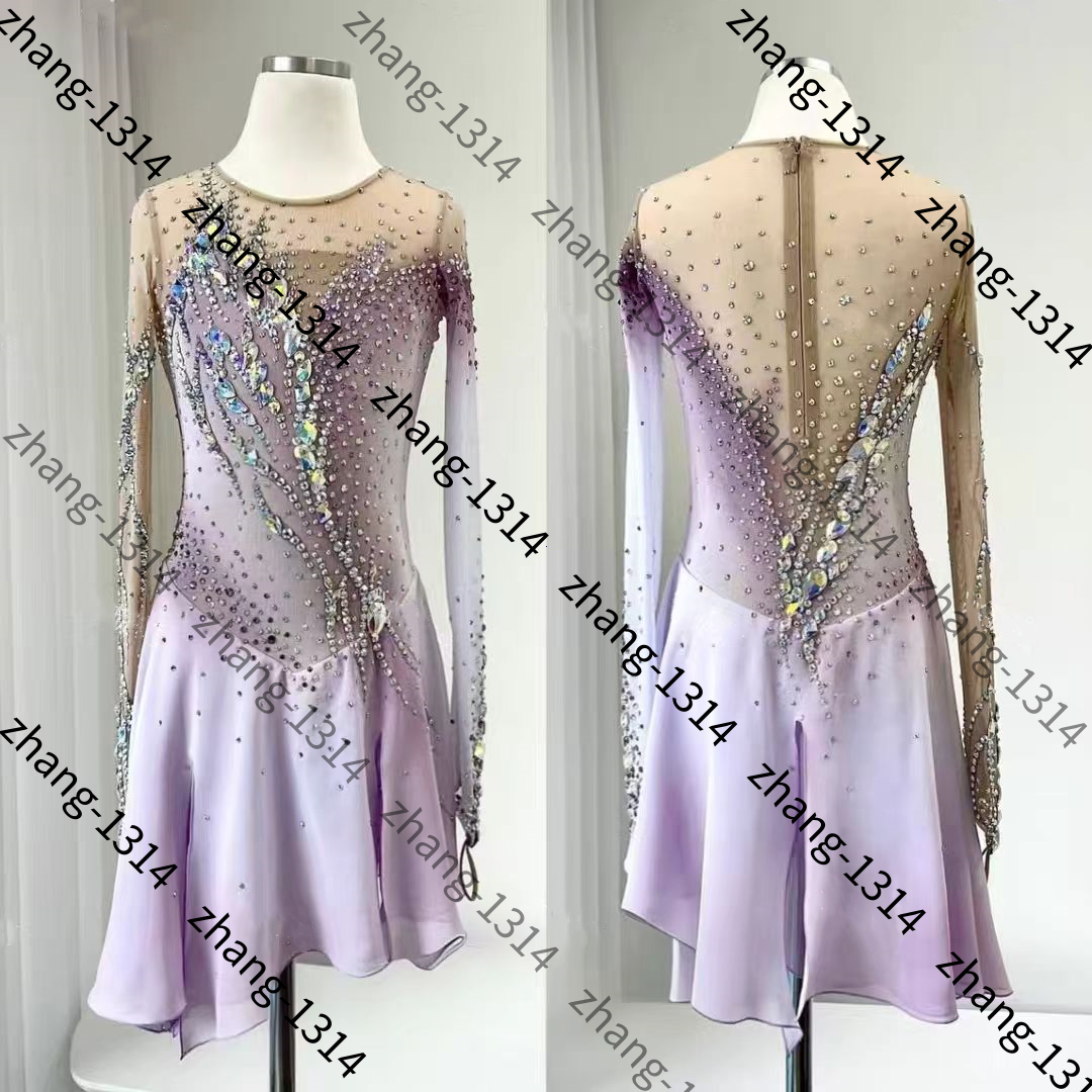knee length dresses for ladies Gray Figure Skating Dress Women's Girls' Long Sleeve Ice Skating Dress