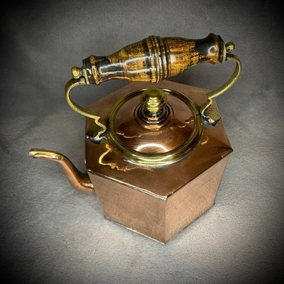 Kupfer Teekessel sechseckig Mahagoni Holzgriff Messing Vintage