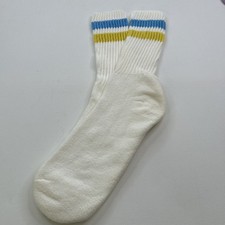 Men's VTG Socks Crew 10-13 Striped 80s Yellow/Blue USA Made Sports White