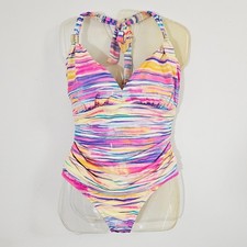 Lauren Ralph Lauren Pastel Striped One Piece Halter Ruched Swimsuit EUC 16W
