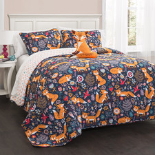 Lush Decor Pixie Fox Reversible Quilt Set 3 Piece Set Twin Navy Orange - Twin