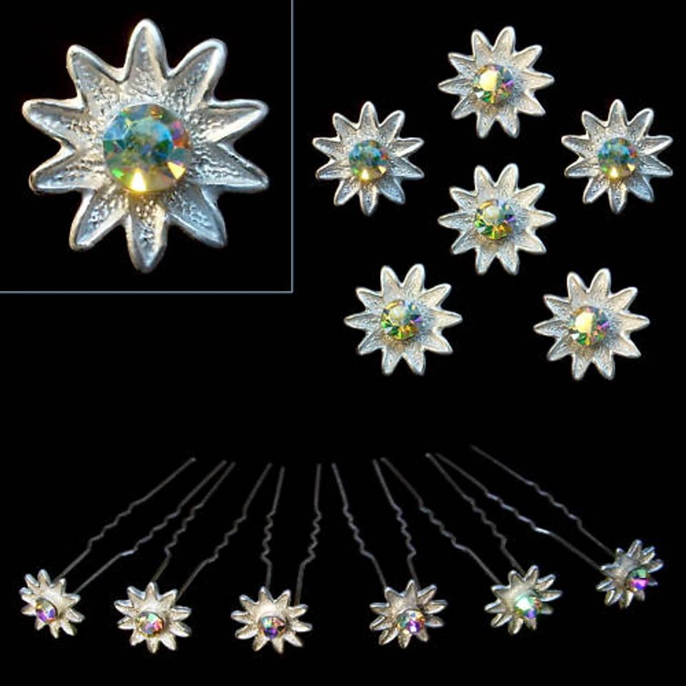 6 Épingle épingle Cheveux Mariage CRISTAL irisé FLEUR étoile Argenté - Photo 1/1
