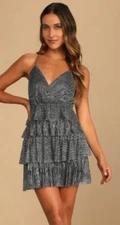Lulu’s Glowing Gorgeous Silver Metallic Tiered Mini Dress Size Large