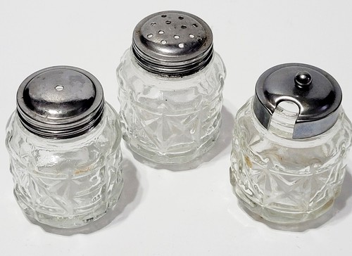 Vintage Salt Pepper Shakers Spices 3 Pcs Set w/Cart Holder Retro Kitchen Crystal - Picture 2 of 7