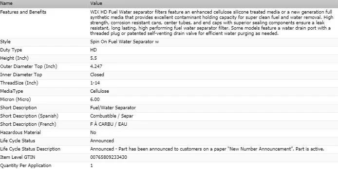 Filtro separador de agua combustible Wix para Ram 3500 L6-6,7 L 2013-2018 Foto 2 de 4