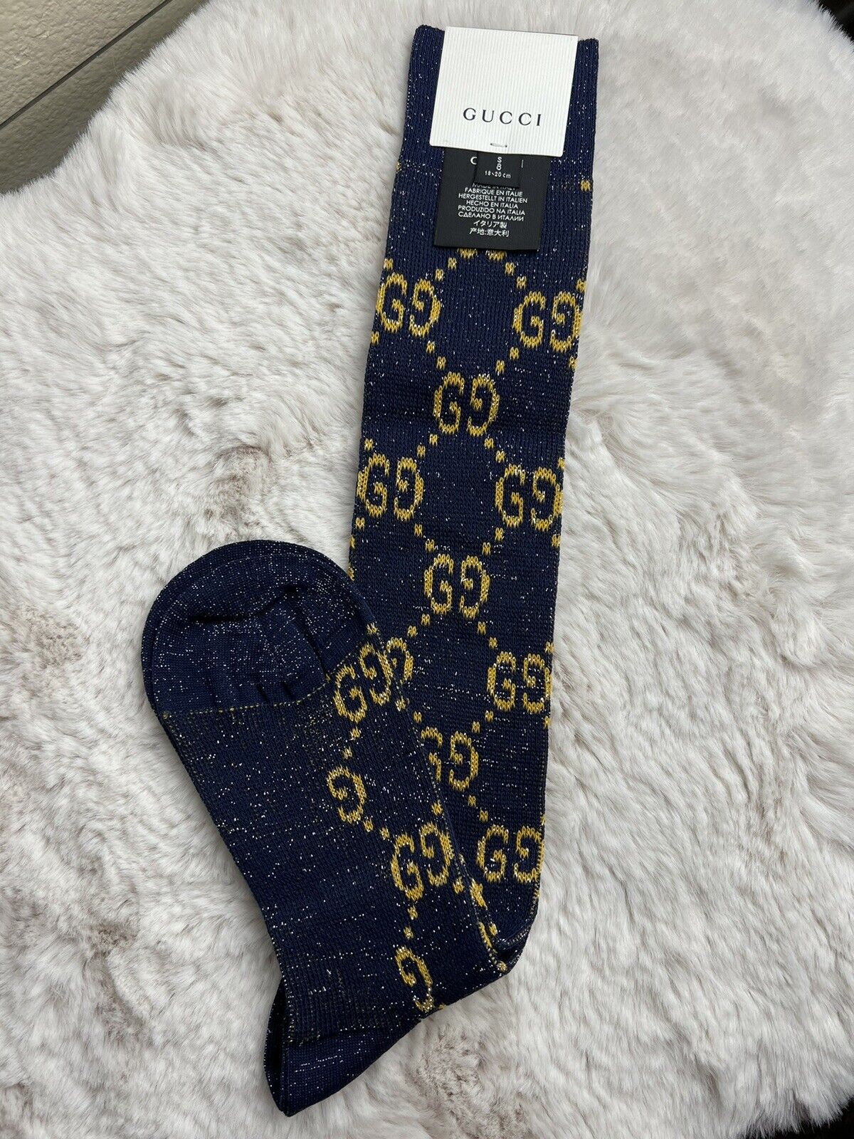 NEW Gucci 100% AUTH Women's Monogram GG Long Knee Lame Socks Blue Color  Size S