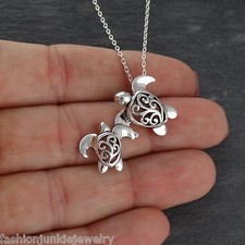 3D Sea Turtles Necklace - 925 Sterling Silver - Filigree Pendant Ocean Turtle