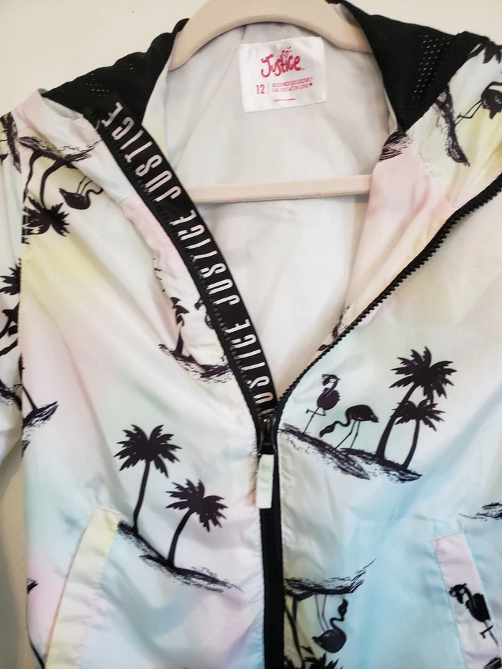 Justice Flamingo Palmera Gráfico Blanco Con Capucha Niñas Chaqueta Cremallera Frontal Talla 12 Foto 2 de 4
