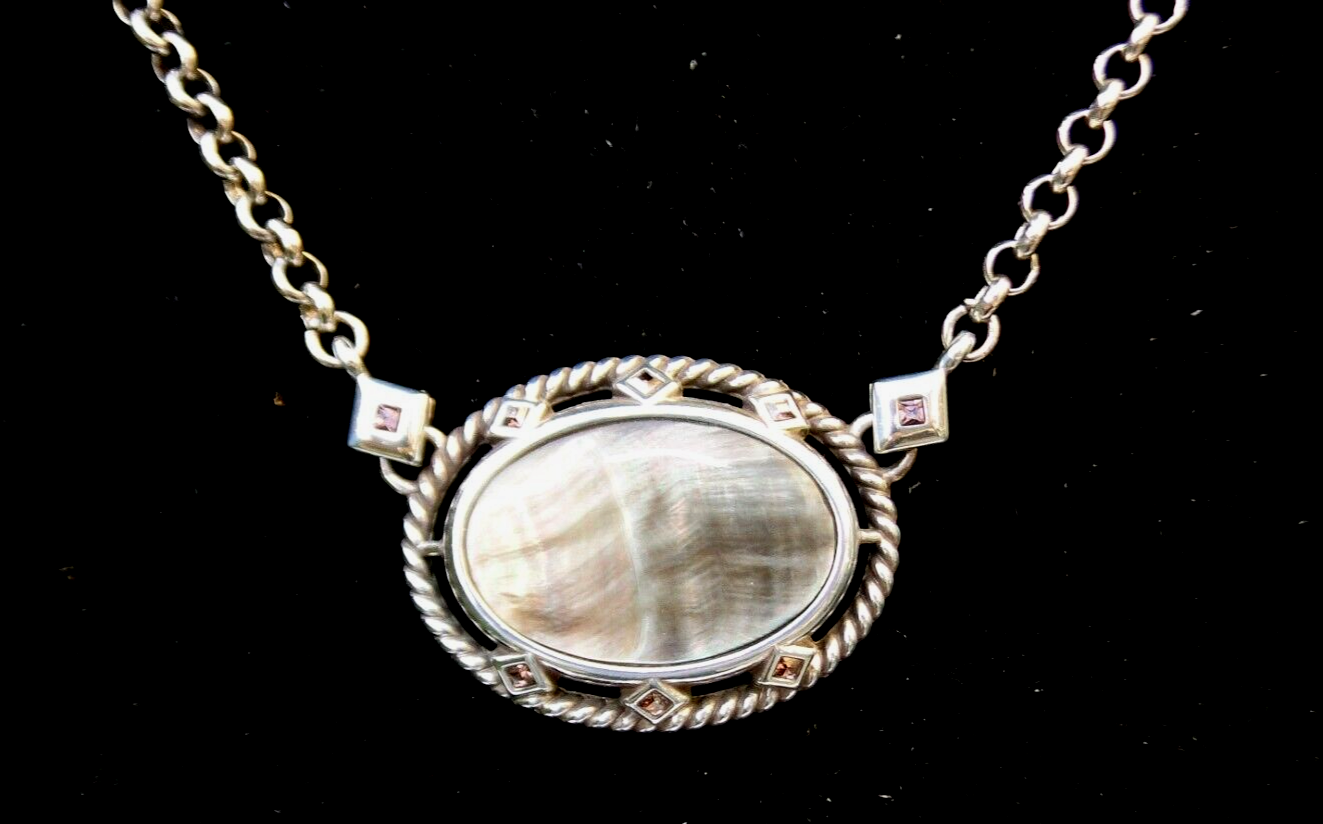 Brighton Abalone Gray Stone Silver & Crystal Pendent Necklace