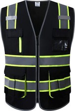 9 Pockets High Visibility Black Safety Vest For Men And Women Zipper Fr