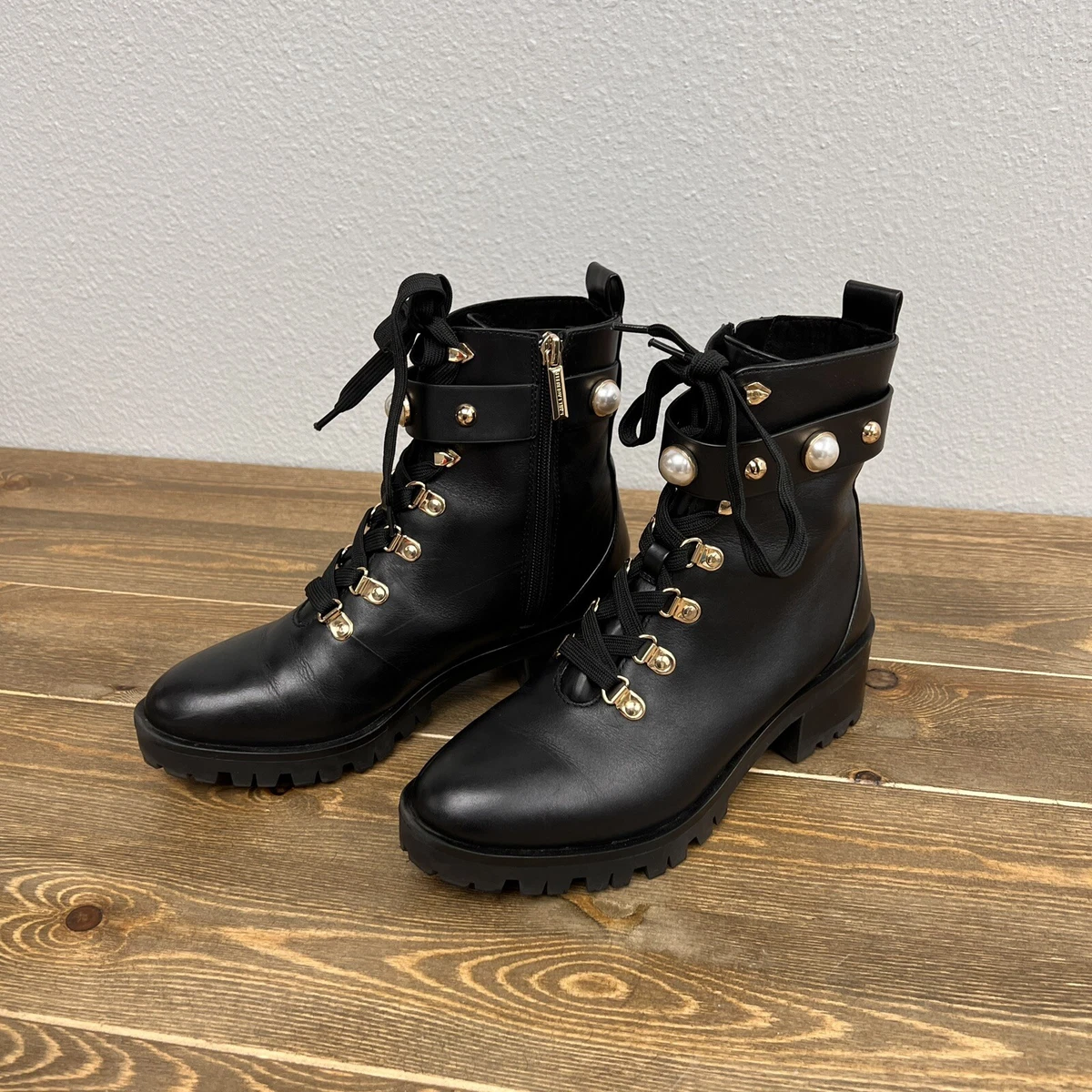 Karl Lagerfeld Black Perry Pearl Side zip Moto Combat Boots Sz 7