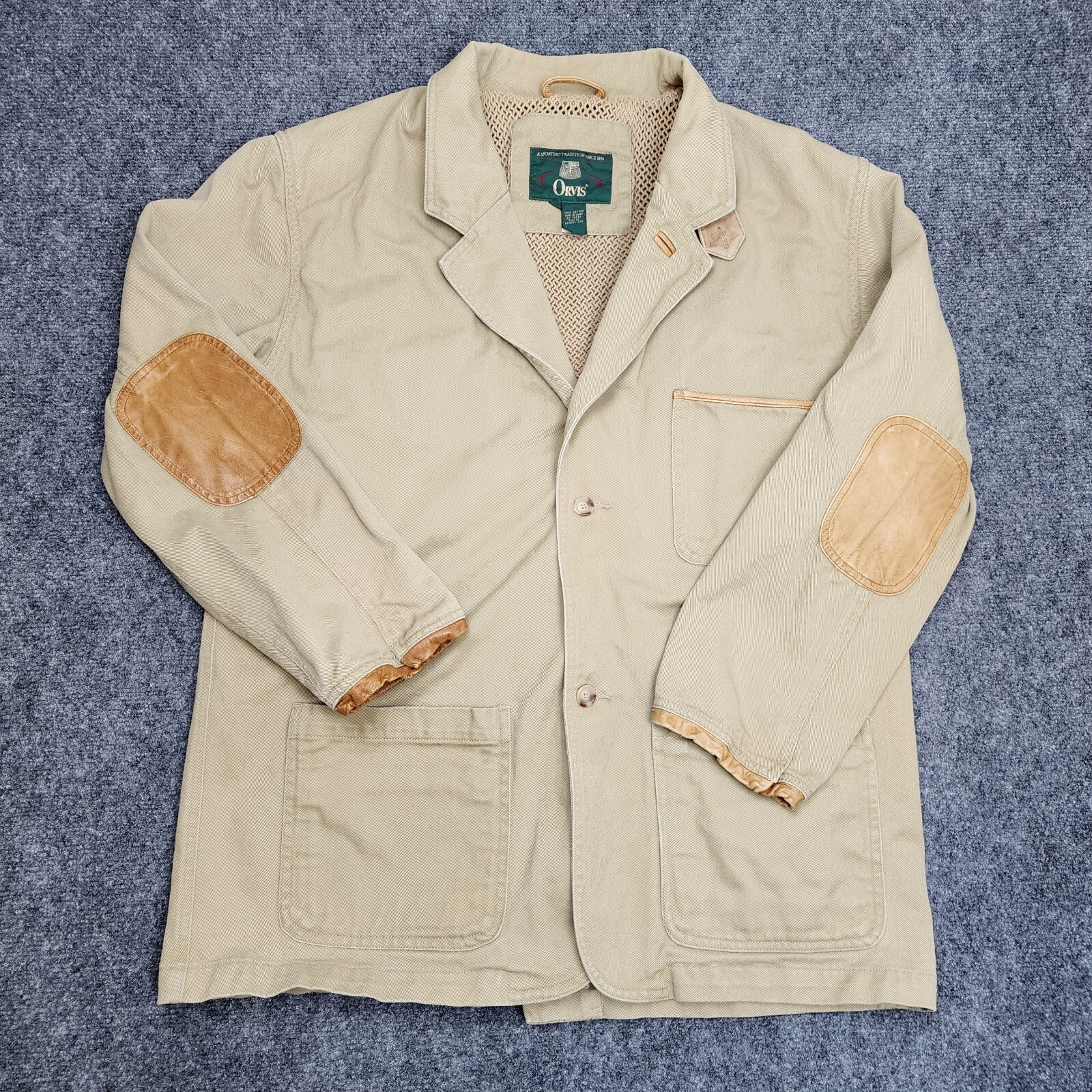 Orvis Zambezi Jacket Mens Large Khaki Leather Elbows Trim Safari