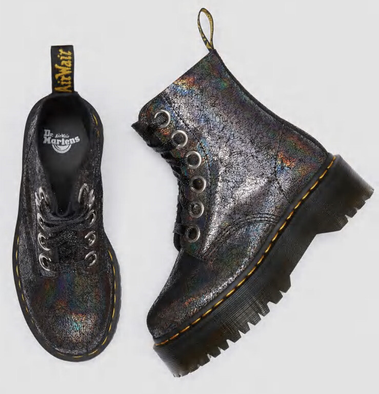 DR. MARTENS MOLLY GUNMETAL IRIDESCENT CRACKLE PLATFORM BOOTS DR. MARTENS MOLLY GUNMETAL IRIDESCENT CRACKLE PLATFORM BOOTS