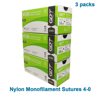 3x Nylon 4/0 Surg Suture Emergency First Aid Home Wound Treating 12pcs Monofil