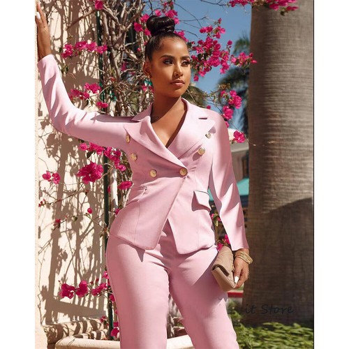 2 Pieces Women's Suits Double Breasted Blazer Pants Set Business Casual Outfits - Picture 2 of 23
