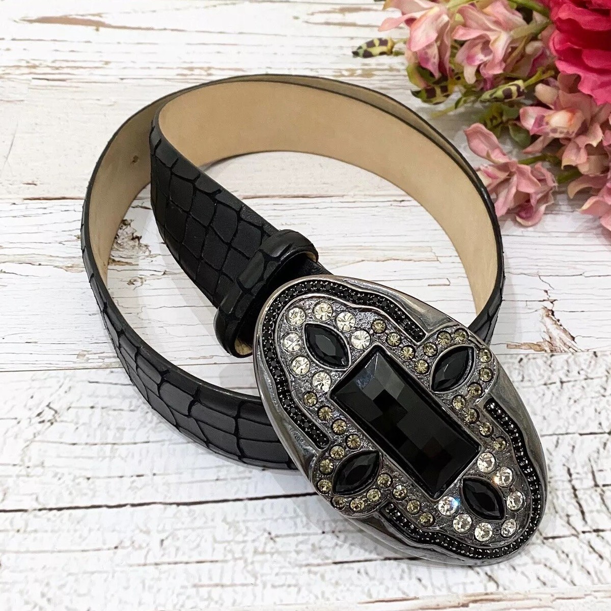 STREETS AHEAD Black Embossed Leather Belt Big Oval Buckle