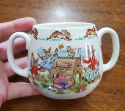 Vintage Royal Doulton BUNNYKINS Double Handle Mug Childrens Cup Bunnies Piano 