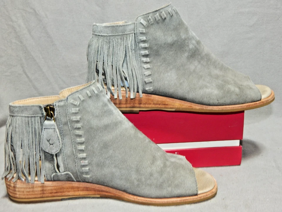 Mujer Talla 8 1/2 Gee Wawa Gris Gamuza Cuero Sandalias Zapatos 8.5 con Flecos Punta Abierta Foto 2 de 4