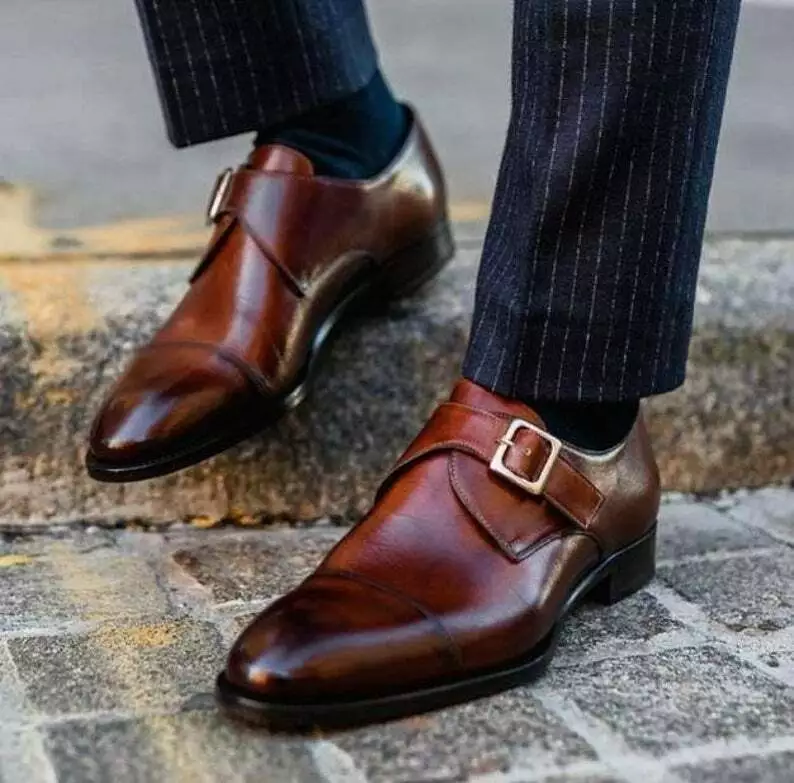 New Pure Handmade Brown Shaded Leather Stylish Monk Strap Shoes For Men's