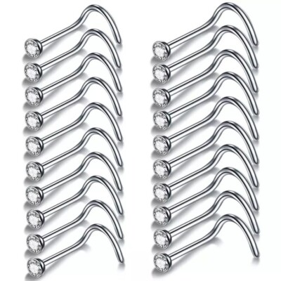 10 Piercing Per Naso In Acciaio Inox - Zirconi, Forma A Vite E Curva, Per Labbra E Naso