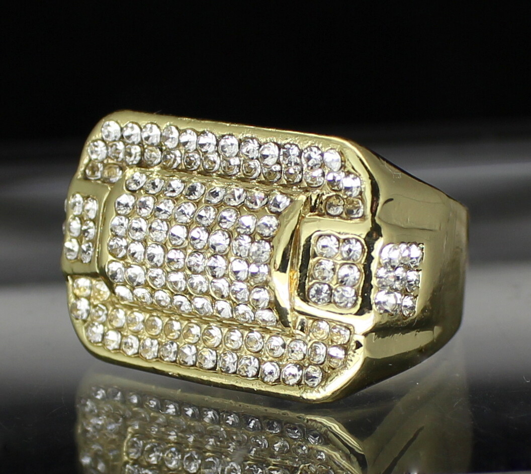 Mens Iced Pinky Ring Cz Rectangle Band 14k Gold Plated Hip Hop Luxury