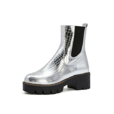Women's Platform Chelsea Ankle Boots Chunky Heel Shoes Round Toe Side Zip Retro