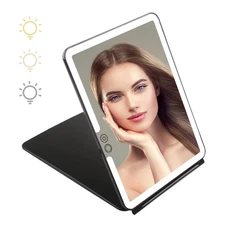 Folding Lighted Makeup Mirror, 72 LEDs, 3 Colors, USB 2000mA, Ultra Thin, Black