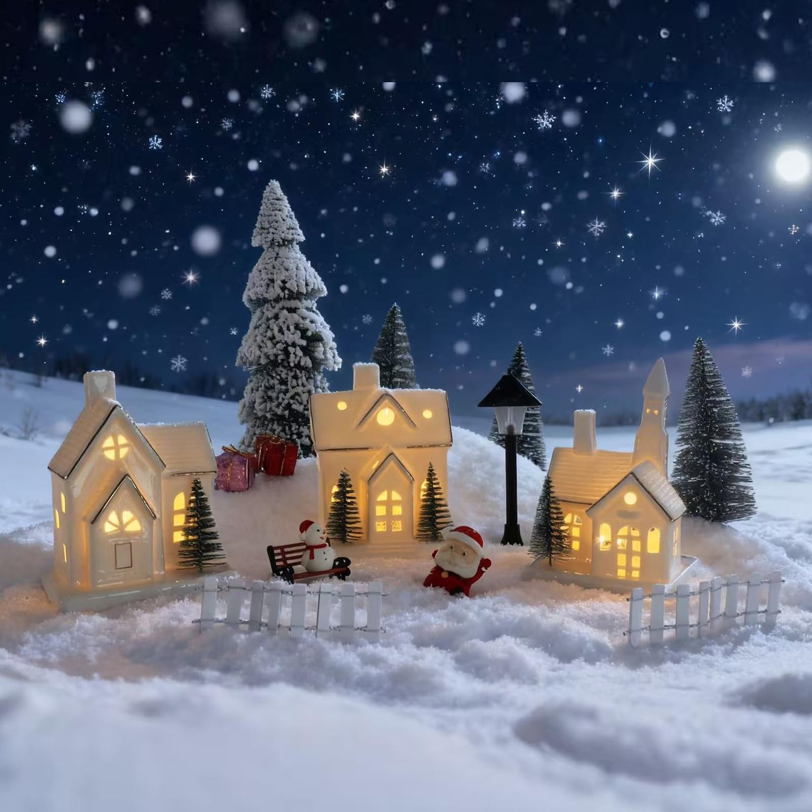 Timer: White Ceramic Christmas Village Houses, 3Pcs Light Up Christmas Villag...