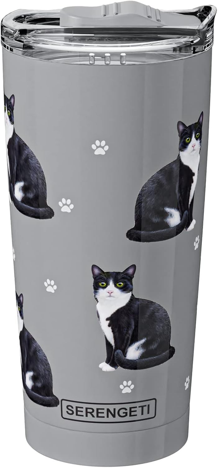 Serengeti 20 Oz Black and White Cat Stainless Steel Tumbler with Spill Proof Lid